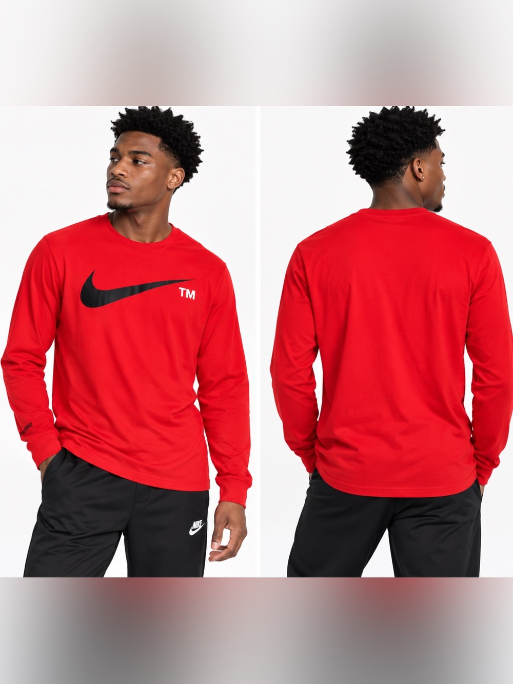 Nike Men’s Red Long-Sleeve Swoosh Tee with Black Logo